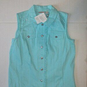 Denim Top Ruffled Shirt Blouse S NWT Quacker Factory Embellished Sleeveless Vest